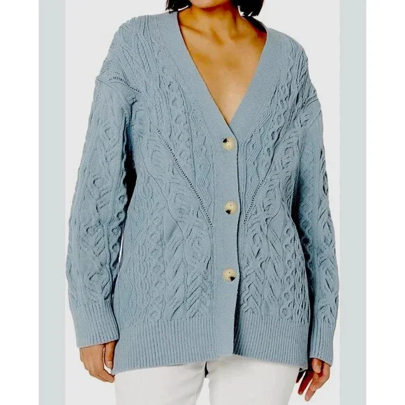 Vince Aran Cable Knit Womens Cardigan Sweater Size M Buttons Blue Long Sleeves - Picture 1 of 13